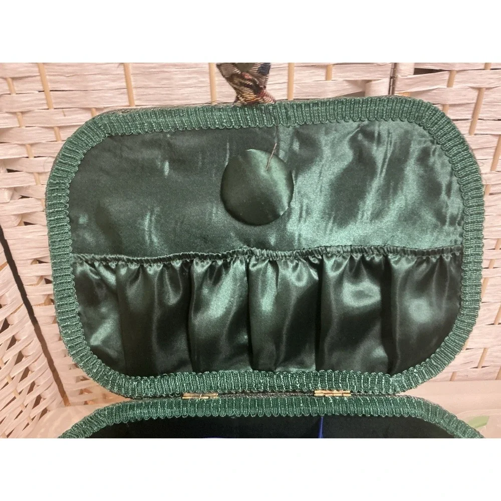 Vintage 1970s AZAR Floral Tapestry Sewing Basket Green Handles Full Threads